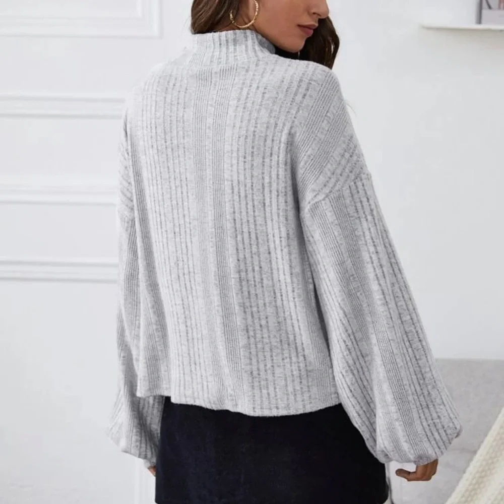 Mockneck ribbed knit lantern sleeve top burgundy red cozy - Picture 10 of 10